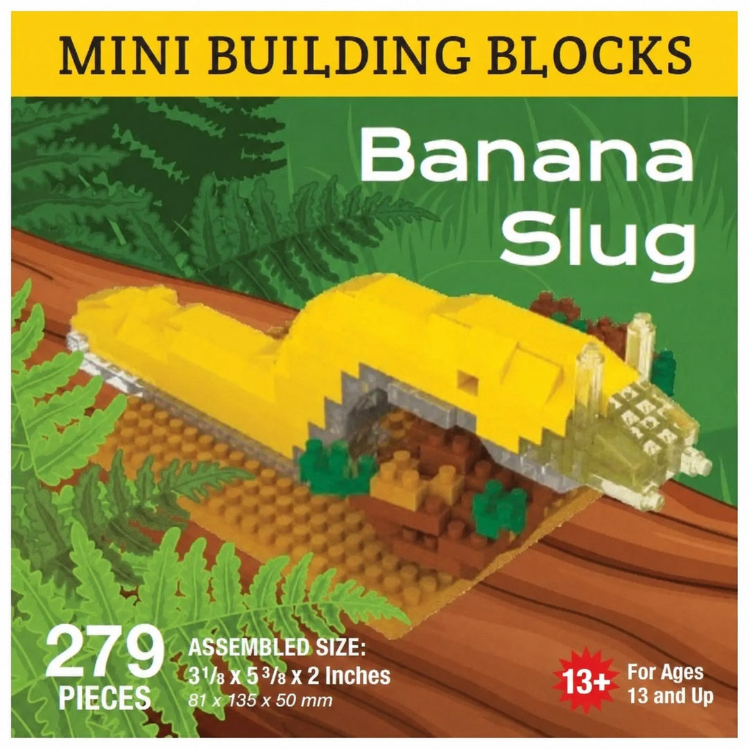 Box-style product graphic for a mini building blocks set labeled 'Mini Building Blocks Banana Slug.' The image shows a yellow banana-shaped building block model on a brown base with green fern-like foliage and a green background.