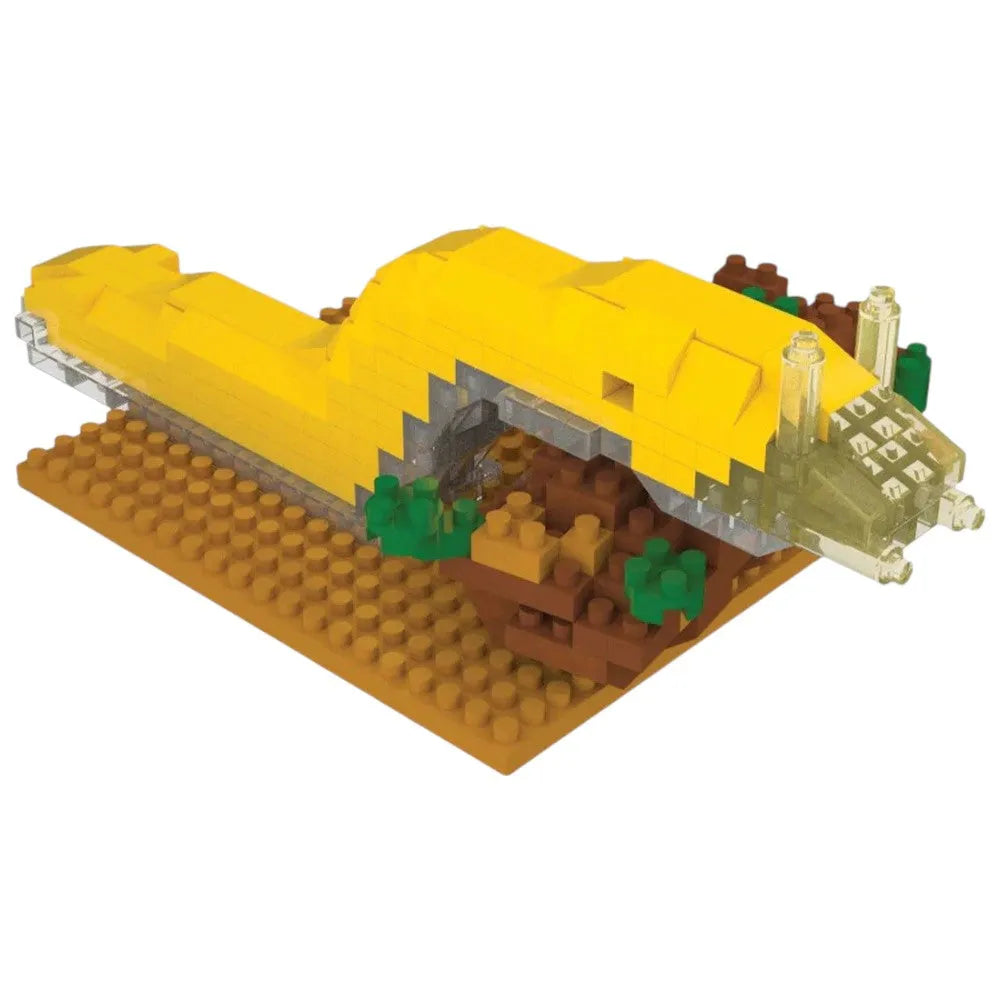 LEGO-like construction set with yellow and brown elements on a white background