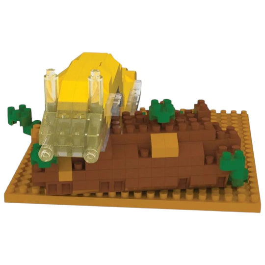 Toy construction set with a yellow banana slug on a white background
