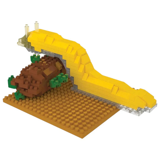 Toy building set with a yellow banana slug with brown base on a white background