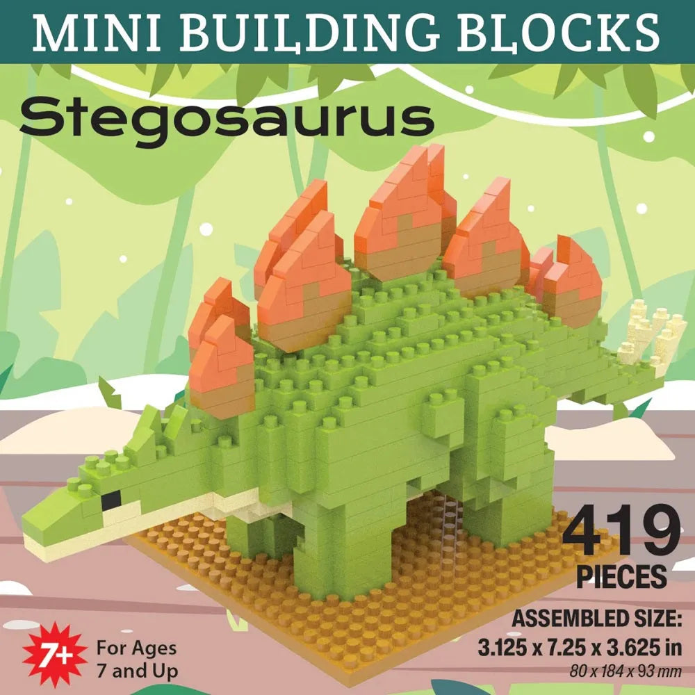 Stegosaurus mini building blocks set with assembly details on a green background