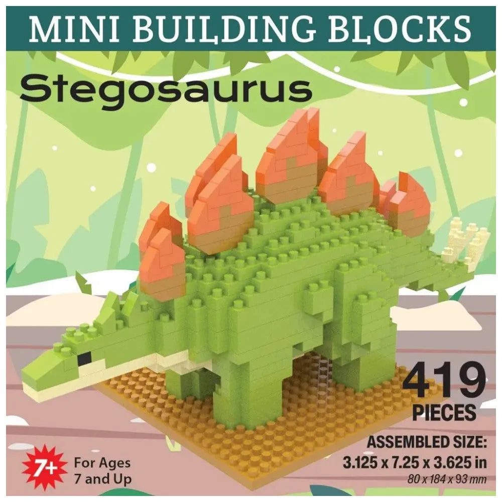 Stegosaurus mini building blocks set on a colorful background with assembly details.