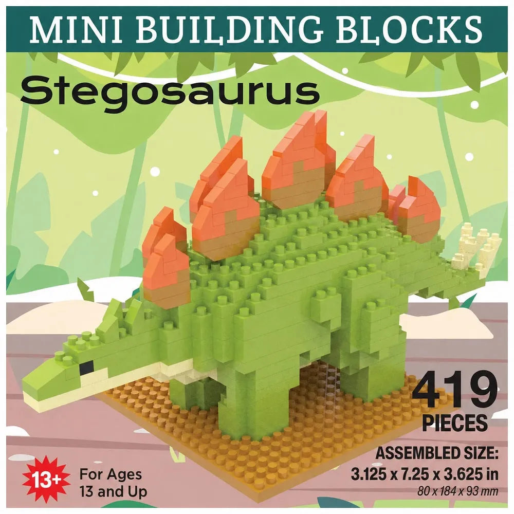 Stegosaurus mini building blocks set on a colorful background with assembly details.