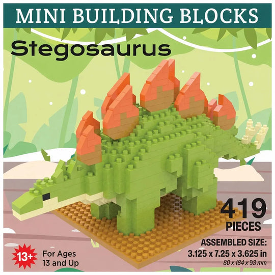 Stegosaurus mini building blocks set on a colorful background with assembly details.