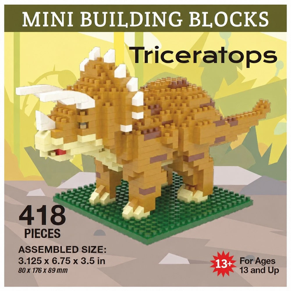 Mini building blocks set featuring a Triceratops dinosaur model built from tan, brown, cream, and white blocks on a green base. The image includes text overlays showing &