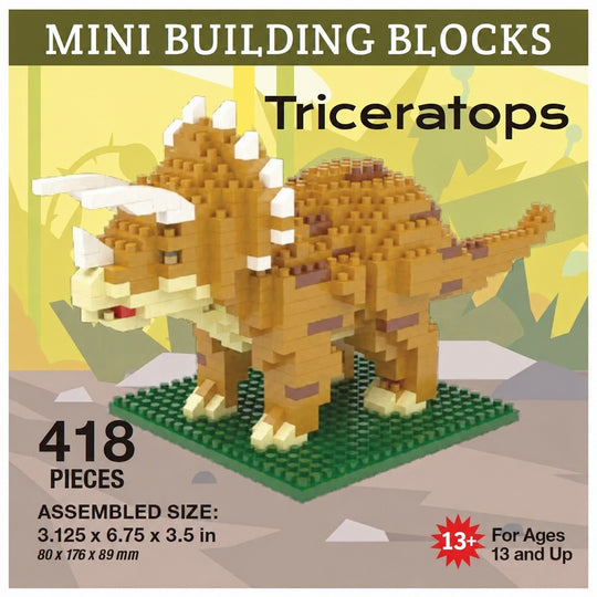 Mini building blocks set featuring a Triceratops dinosaur model built from tan, brown, cream, and white blocks on a green base. The image includes text overlays showing &