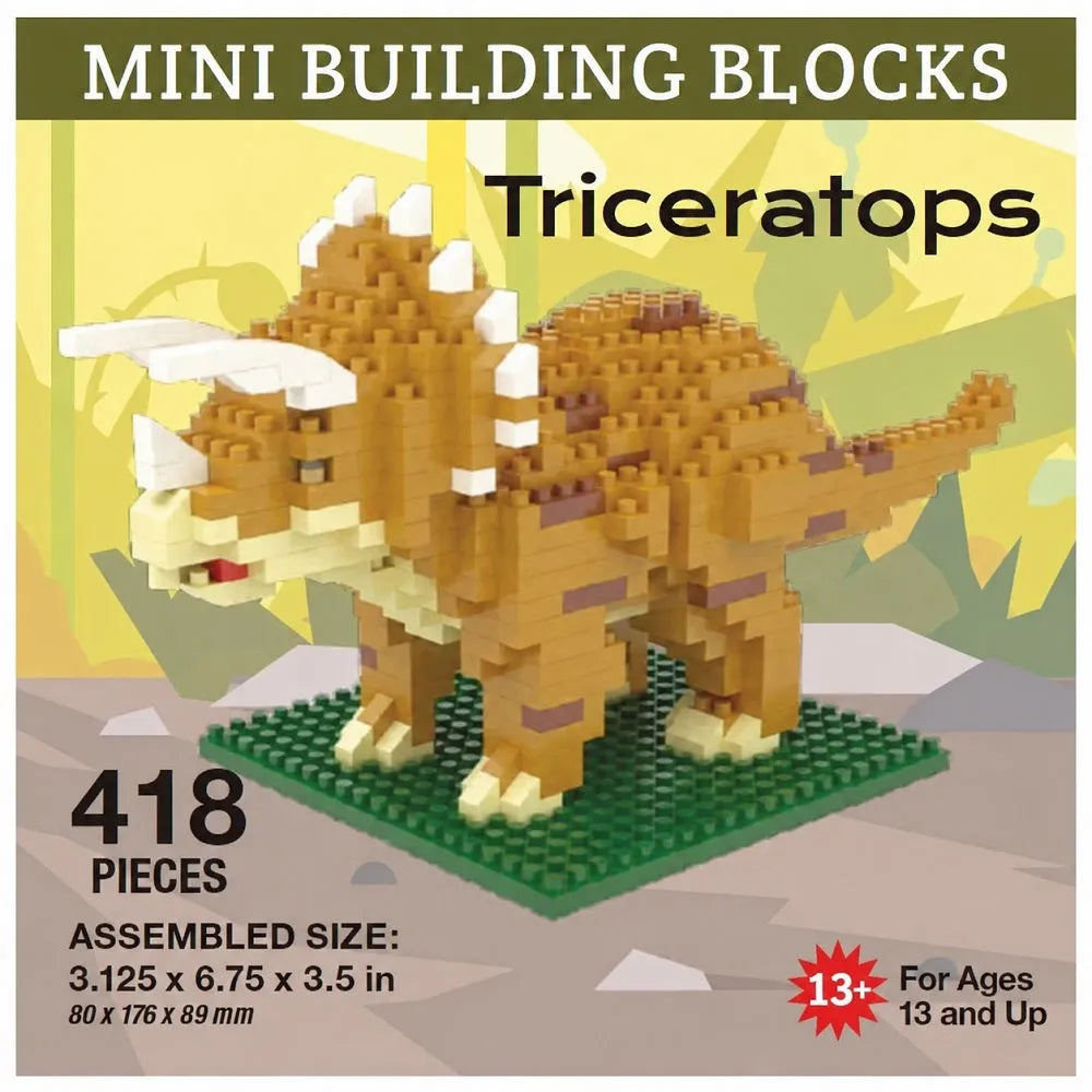 Mini building blocks set featuring a Triceratops dinosaur model built from tan, brown, cream, and white blocks on a green base. The image includes text overlays showing &