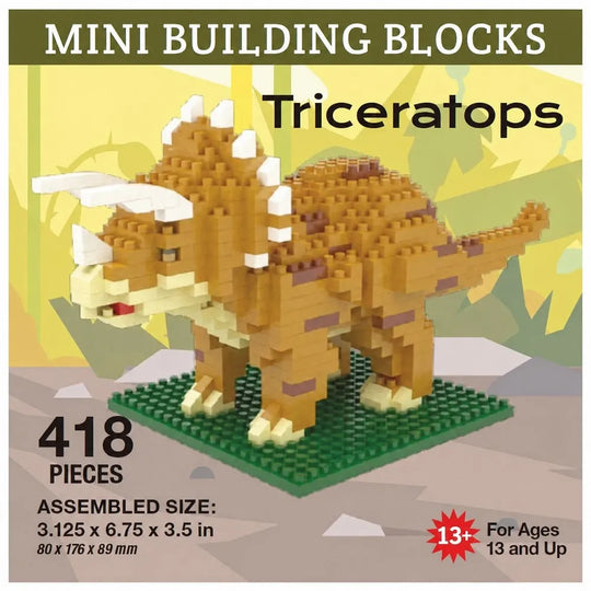 Mini building blocks set featuring a Triceratops dinosaur model built from tan, brown, cream, and white blocks on a green base. The image includes text overlays showing &