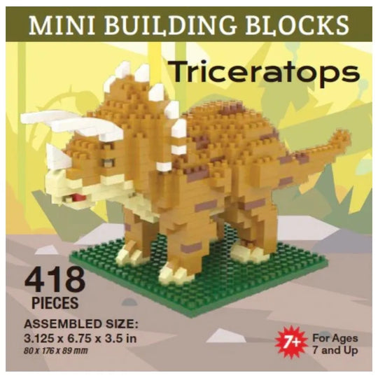 Mini building blocks set of a triceratops dinosaur on a packaging background