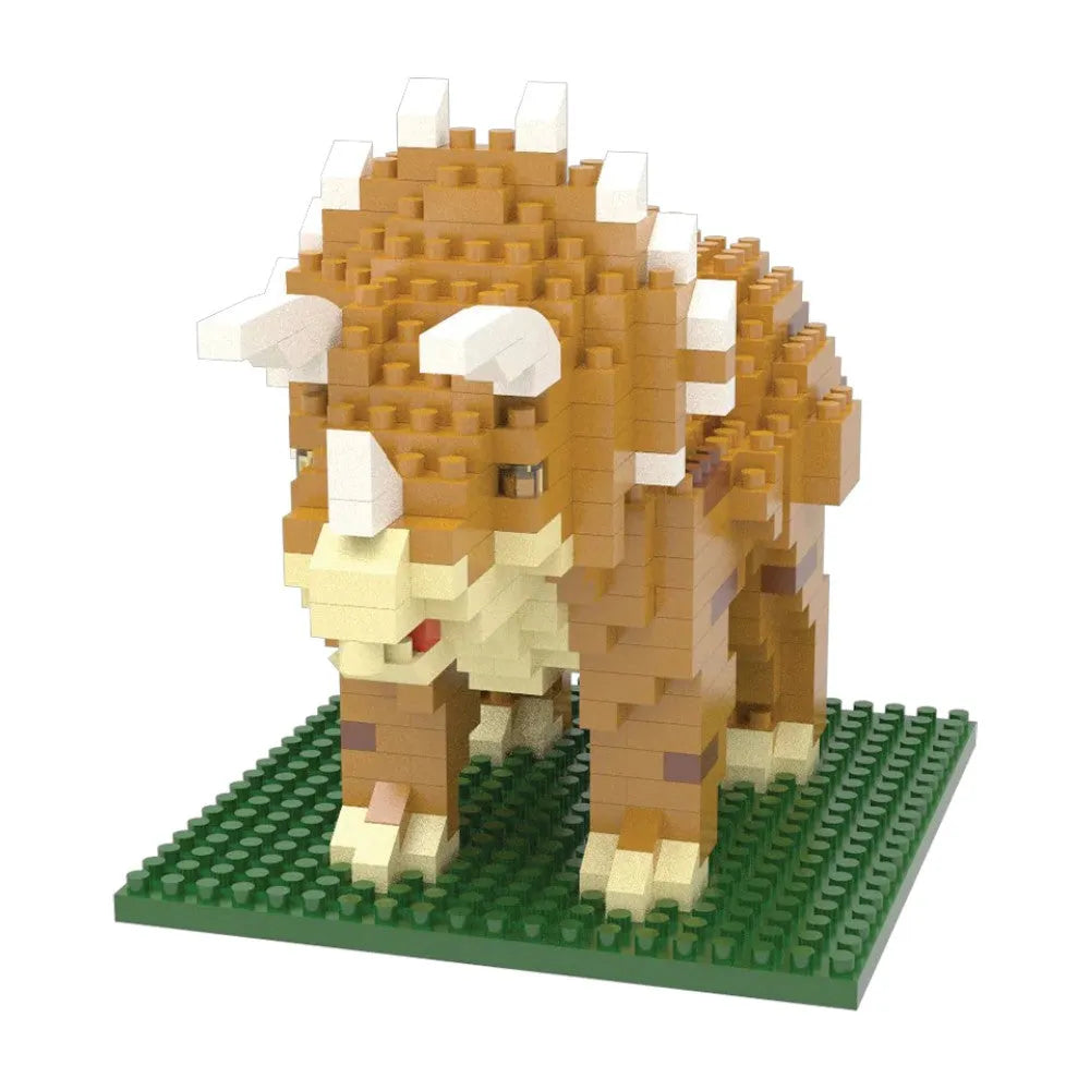 Mini building blocks set of a triceratops dinosaur on a green base.