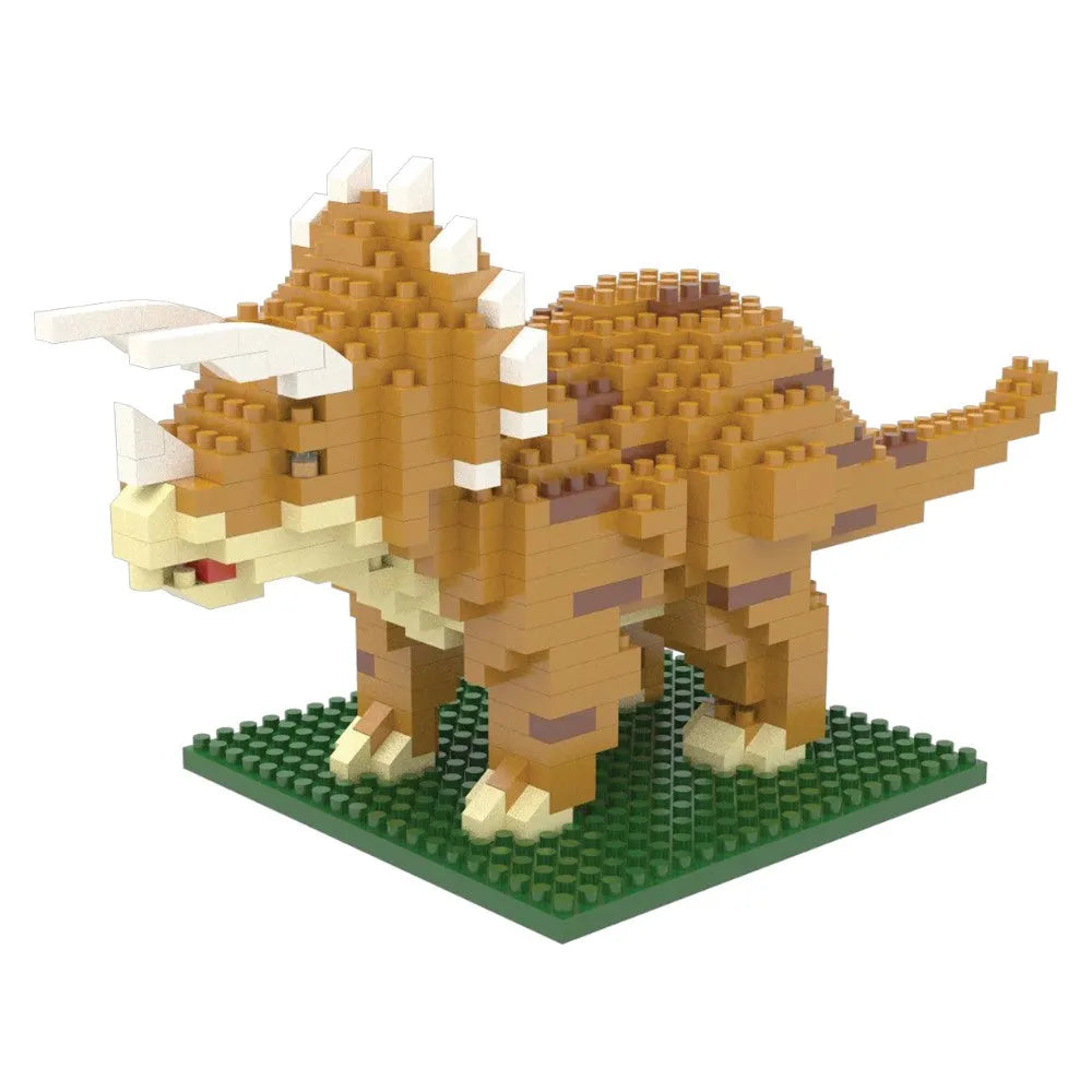 Mini building blocks set of a triceratops dinosaur on a green base.