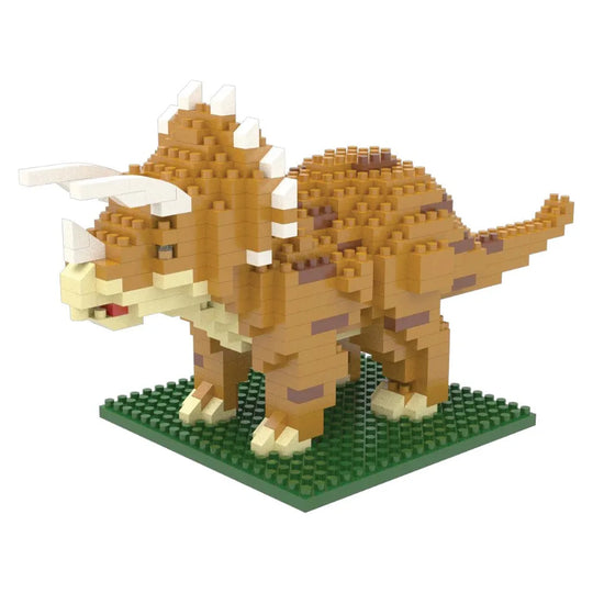 Mini building blocks set of a triceratops dinosaur on a green base.