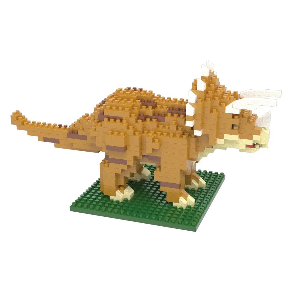 Mini building blocks set of a triceratops dinosaur on a green base.