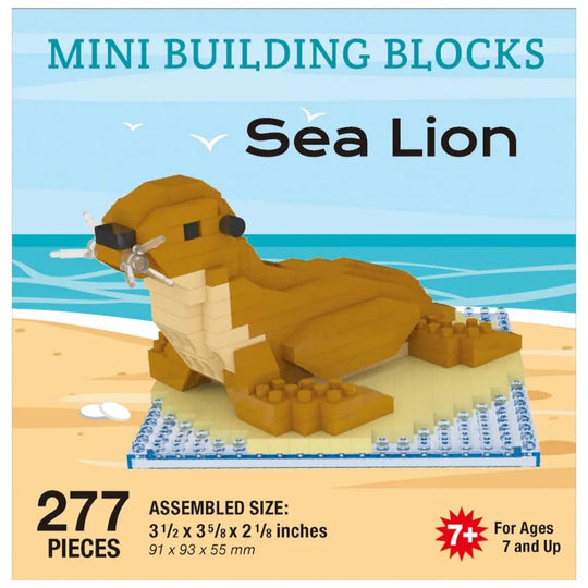 Mini building blocks set of a sea lion on a beach with ocean background