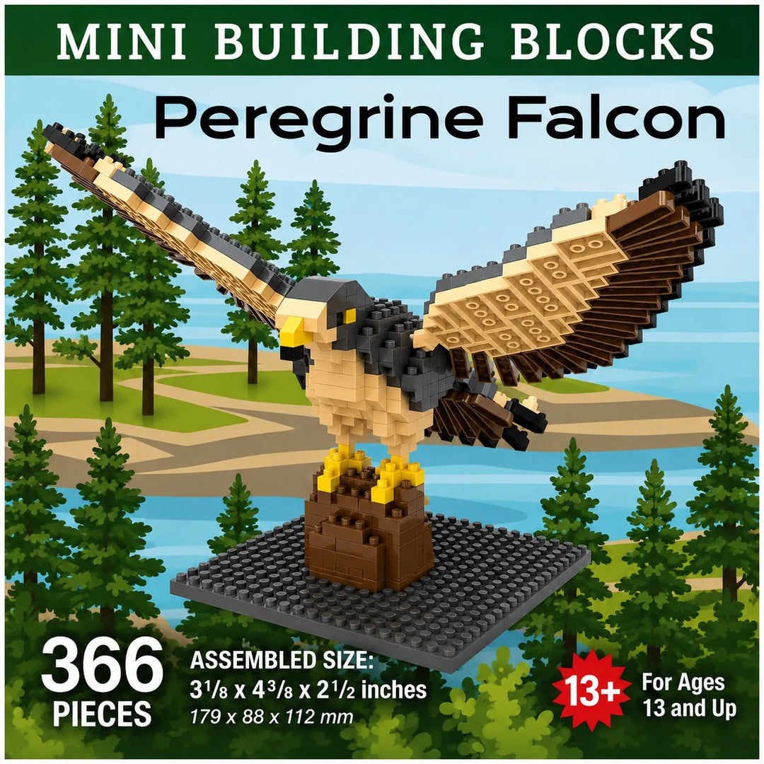 Mini building blocks set for assembling a Peregrine Falcon, featuring 366 pieces. The image shows the completed block-built eagle perched on a base, set against a digital background of a pine forest and lake.