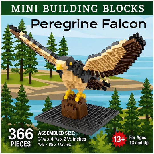 Mini building blocks set for assembling a Peregrine Falcon, featuring 366 pieces. The image shows the completed block-built eagle perched on a base, set against a digital background of a pine forest and lake.