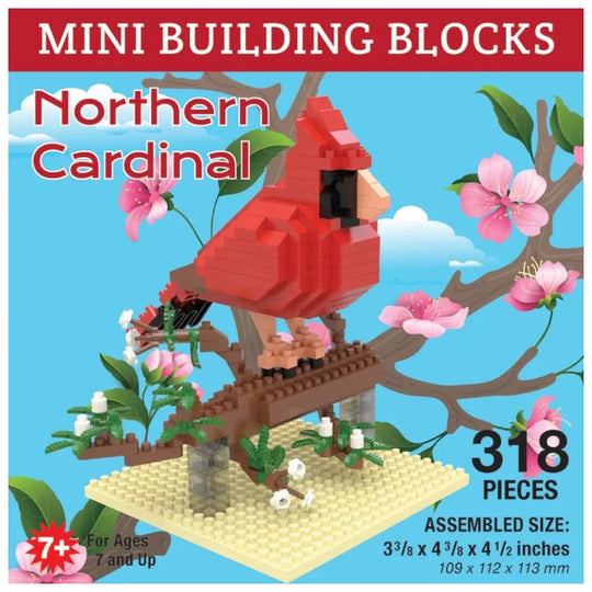 Mini building blocks set of a Northern Cardinal bird on a branch with flowers, packaging indicates 318 pieces.