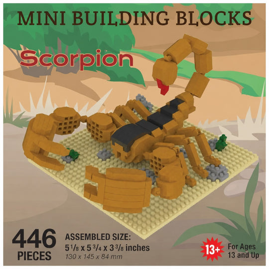 Box-style product graphic for a mini building blocks set shaped like a scorpion. The image shows the assembled tan and black scorpion on a beige base plate, with the text &