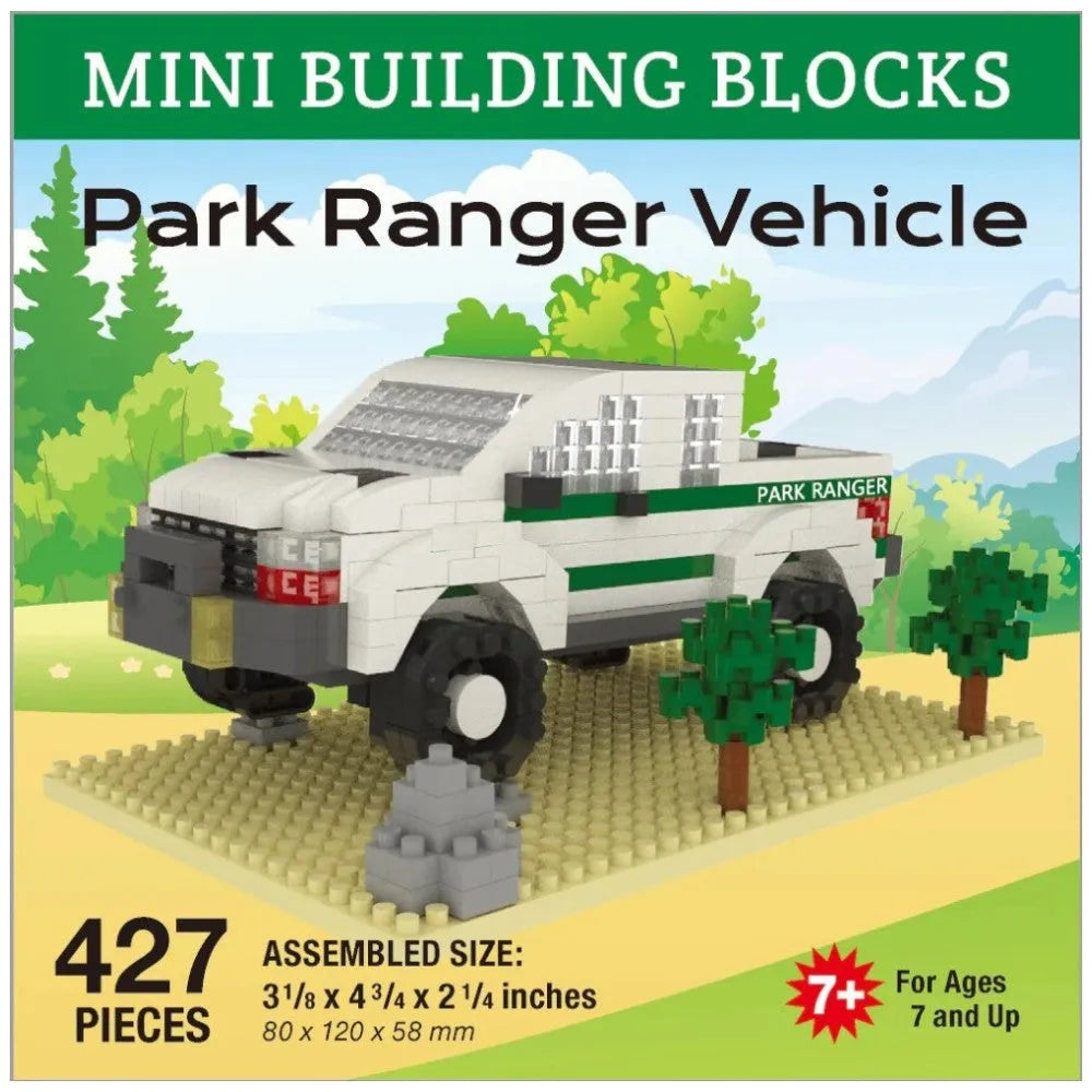 Mini building blocks packaging for a park ranger vehicle set with 427 pieces.