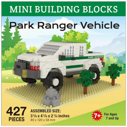Mini building blocks packaging for a park ranger vehicle set with 427 pieces.