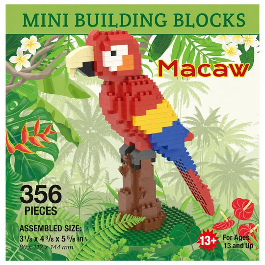 A building block set package for a macaw parrot, showing an assembled red, yellow, blue, and beige macaw standing on a brown branch. The package includes tropical jungle artwork, text reading &