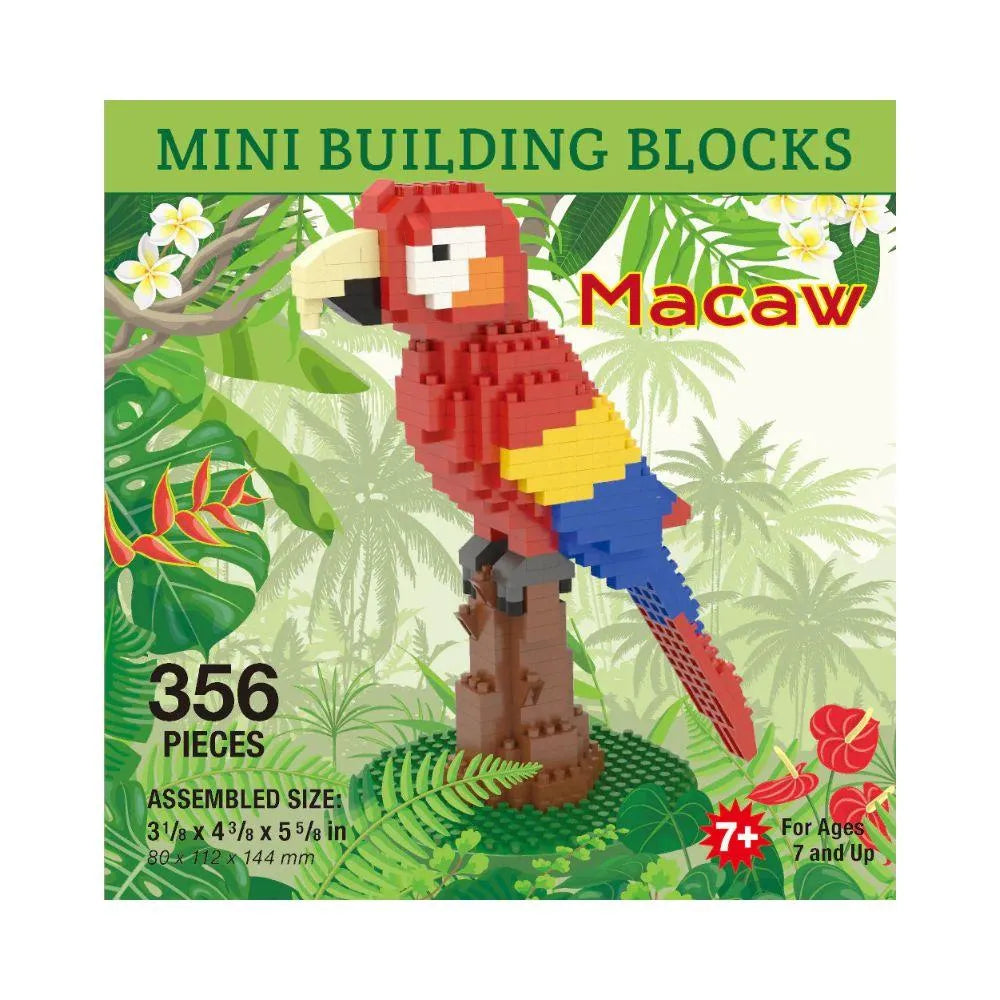 Mini building blocks set of a macaw with tropical leaf background