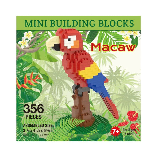 Mini building blocks set of a macaw with tropical leaf background