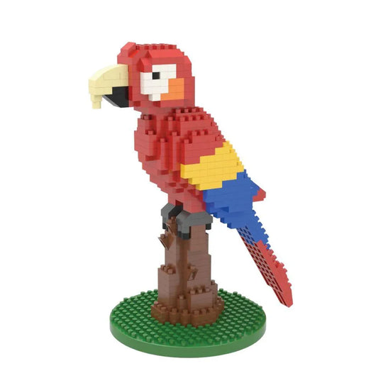 Mini building blocks set of a red, yellow, and blue macaw against a white background
