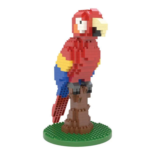 Mini building blocks set of a red, yellow, and blue macaw against a white background