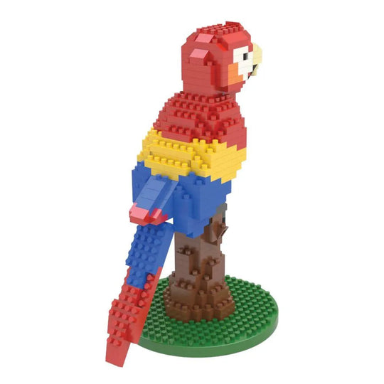 Mini building blocks set of a red, yellow, and blue macaw against a white background