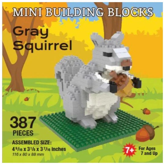Mini building blocks set of a gray squirrel on a colorful packaging background