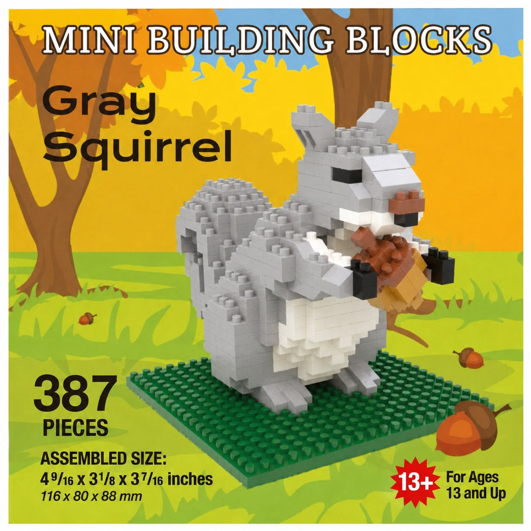 Gray squirrel mini building blocks set on a green base, shown on a colorful illustrated background with trees, acorns, and text reading &