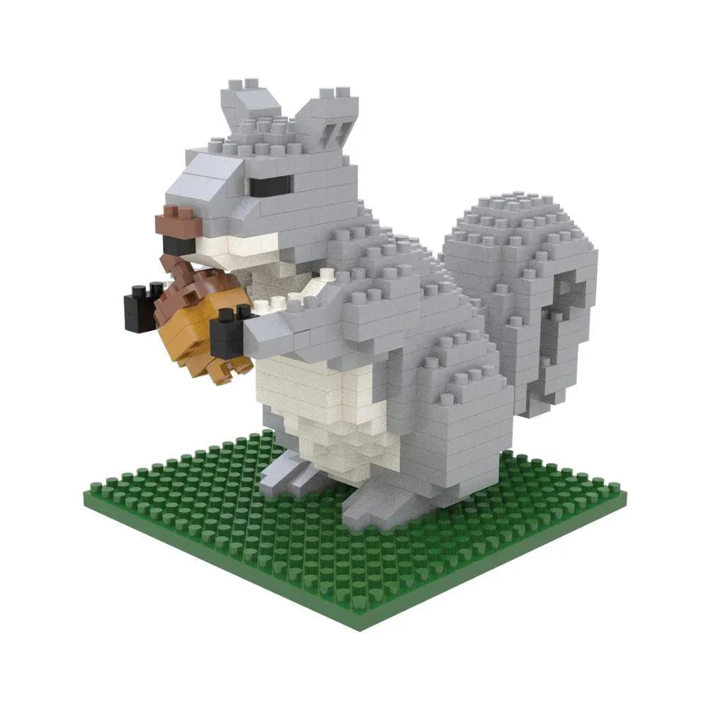 Mini block building set of a gray squirrel on a green baseplate with a white background