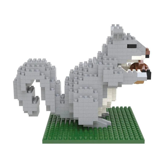 Mini block building set of a gray squirrel on a green baseplate with a white background