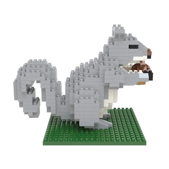 Mini block building set of a gray squirrel on a green baseplate with a white background
