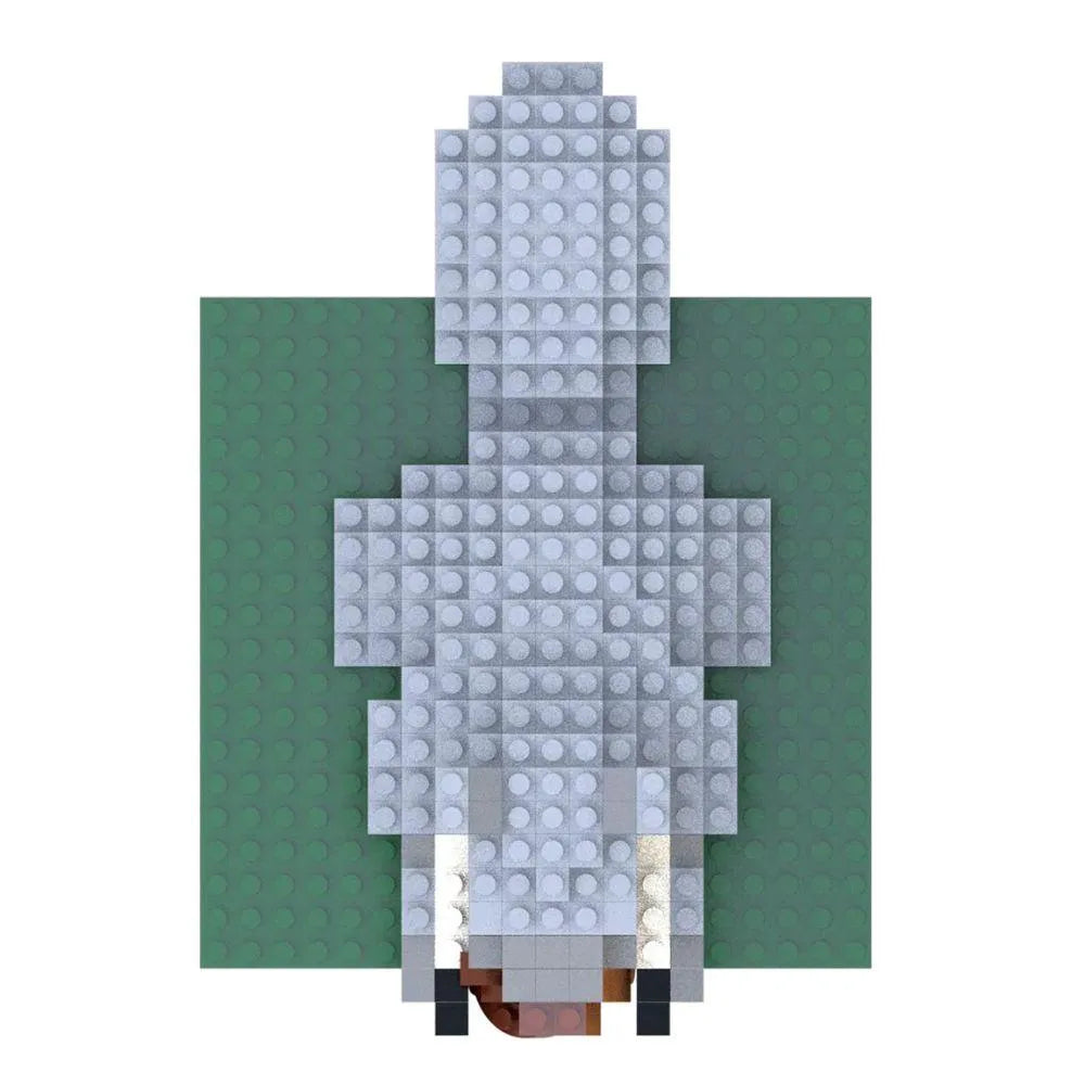 Mini block building set of a gray squirrel on a green baseplate with a white background