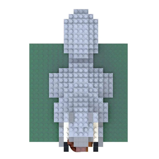 Mini block building set of a gray squirrel on a green baseplate with a white background