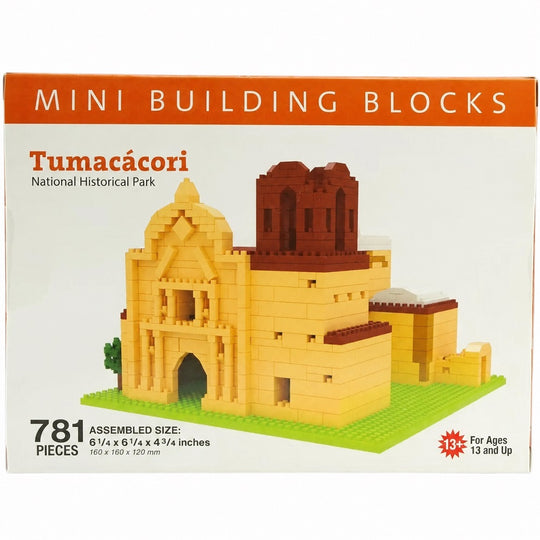 Box of mini building blocks featuring Tumacócori National Historical Park design.