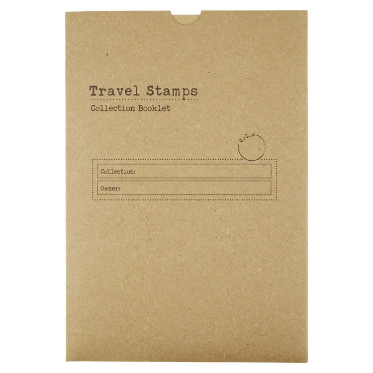 A brown travel stamps collection booklet with the title 'Travel Stamps Collection Booklet' printed on the front cover, featuring a slot for a stamp or card entry.