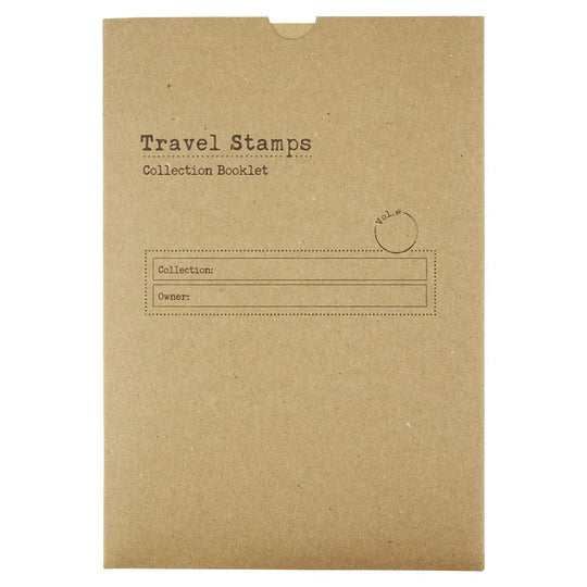 A brown travel stamps collection booklet with the title 'Travel Stamps Collection Booklet' printed on the front cover, featuring a slot for a stamp or card entry.