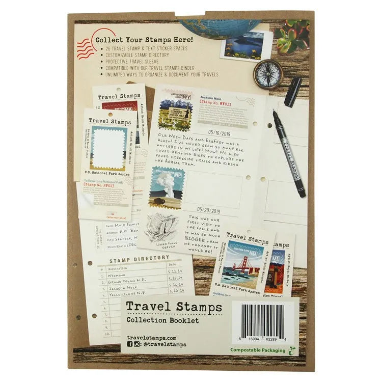 Back of the Travel Stamps Collection Booklet on a white background
