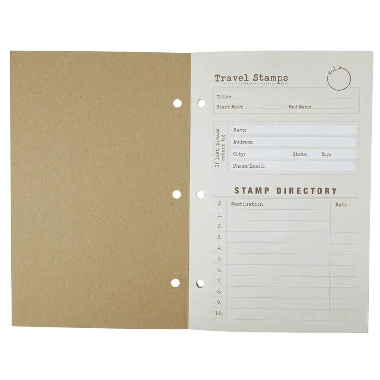 Interior page with Travel Stamps heading, location information, and stamp directory