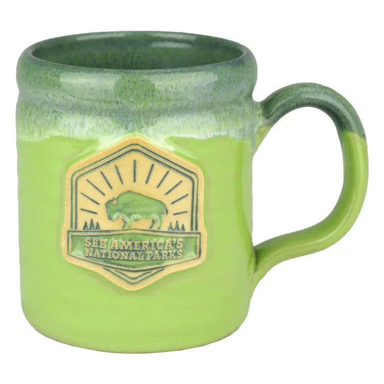 Green mug with See America's National Parks Camper Mug - Day logo on a white background