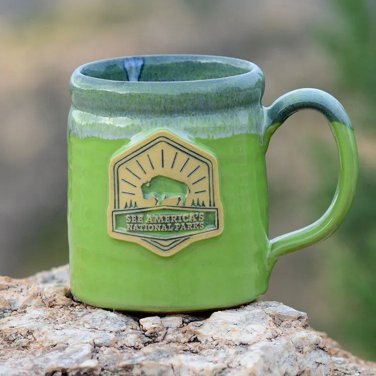 Green mug with See America's National Parks Camper Mug - Day logo resting on a rock