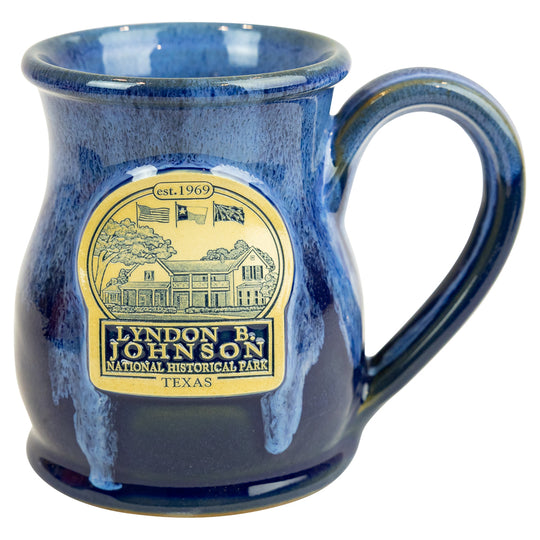 Lyndon B. Johnson National Historical Park Tall Belly Mug in blue on a white background