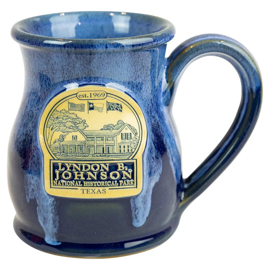 Lyndon B. Johnson National Historical Park Tall Belly Mug in blue on a white background