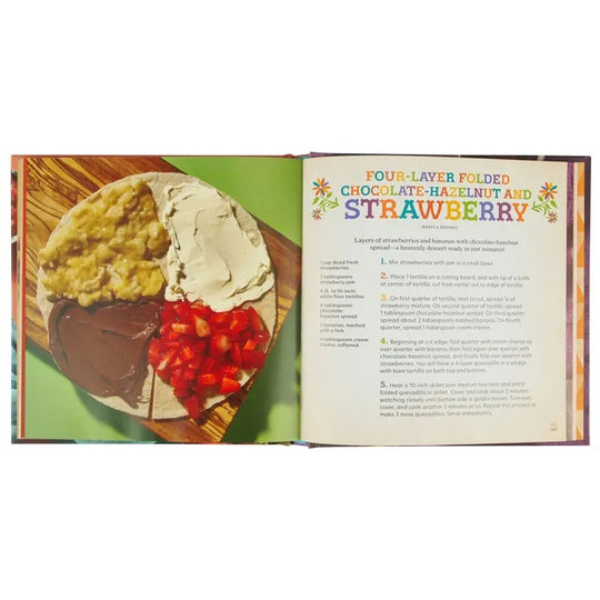 Four-layer folded chocolate-hazelnut and strawberry desert taco recipe from the cookbook Quesadillas