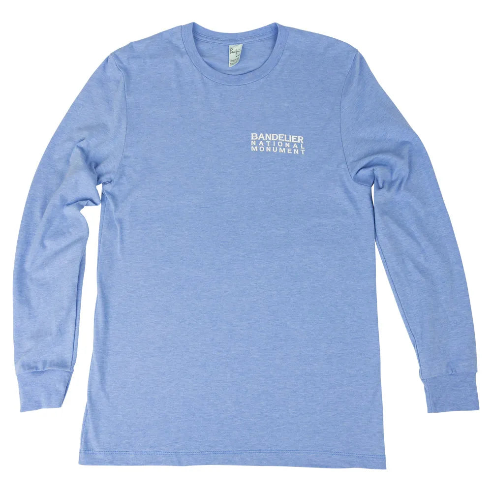 Blue long-sleeve shirt with 'Banderier National Monument' text on a white background