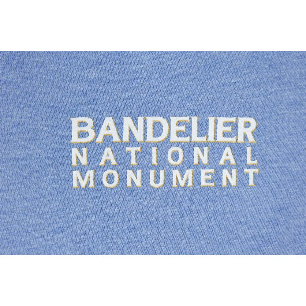 Text 'BANDELIER NATIONAL MONUMENT' on a blue background