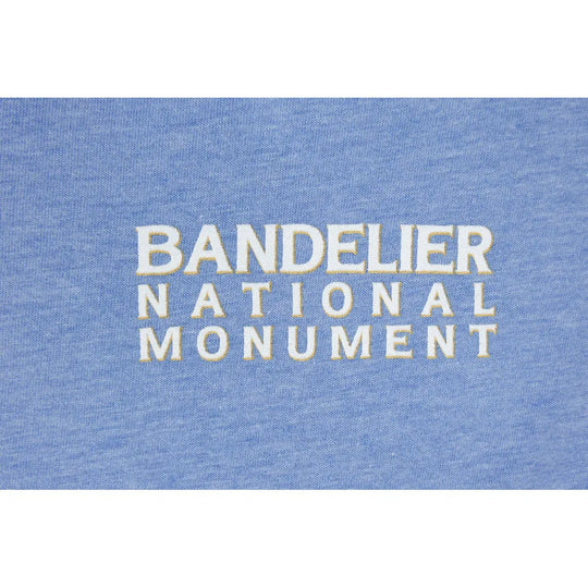 Text 'BANDELIER NATIONAL MONUMENT' on a blue background